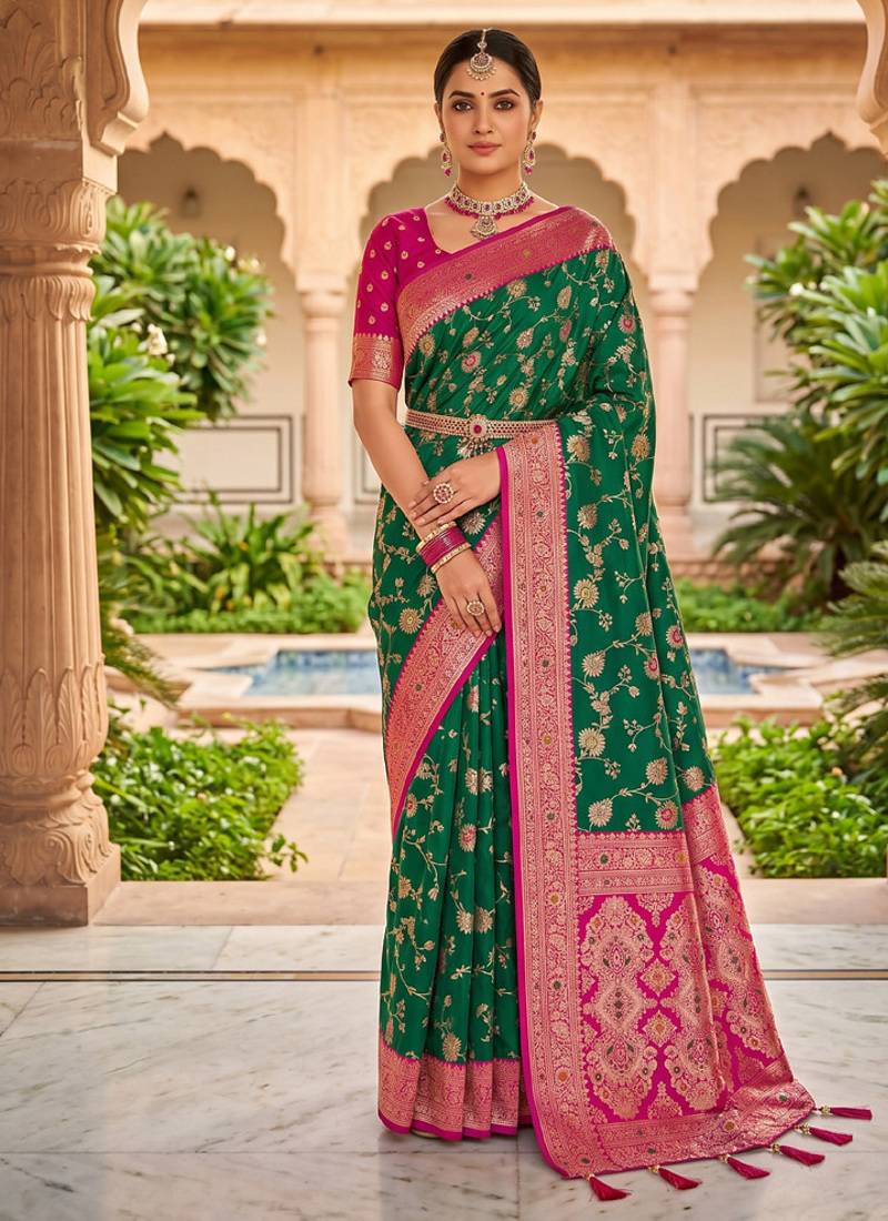 designer green zari weaving meenakari tassel pallu work silk blend saree