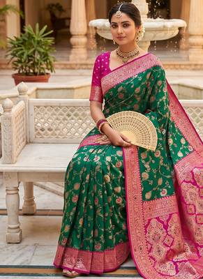 designer green zari weaving meenakari tassel pallu work silk blend saree 4
