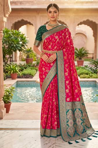 designer fuchsia pink zari weaving meenakari tassel pallu work silk blend saree