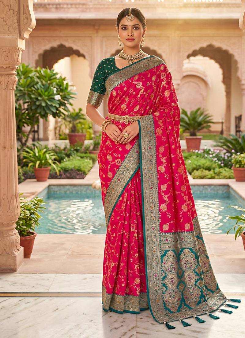 designer fuchsia pink zari weaving meenakari tassel pallu work silk blend saree
