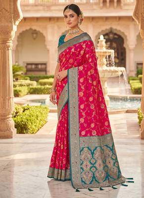 designer fuchsia pink zari weaving meenakari tassel pallu work silk blend saree 2