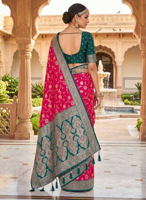 designer fuchsia pink zari weaving meenakari tassel pallu work silk blend saree 3