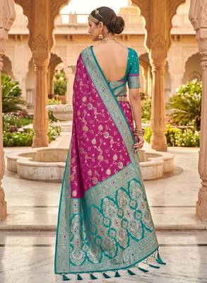 designer magenta zari weaving meenakari tassel pallu work silk blend saree 2