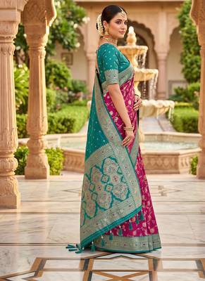 designer magenta zari weaving meenakari tassel pallu work silk blend saree 3