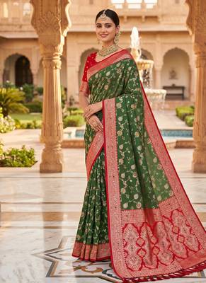 designer mehendi green zari weaving meenakari tassel pallu work silk blend saree 1