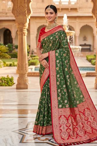 designer mehendi green zari weaving meenakari tassel pallu work silk blend saree
