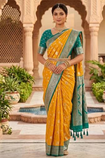 designer yellow zari weaving meenakari tassel pallu work silk blend saree