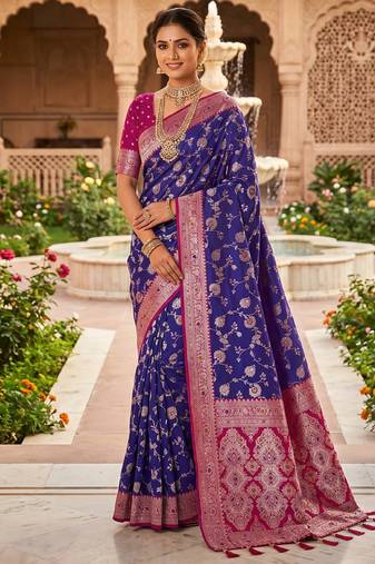 designer blue zari weaving meenakari tassel pallu work silk blend saree