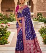 designer blue zari weaving meenakari tassel pallu work silk blend saree