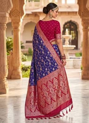 designer blue zari weaving meenakari tassel pallu work silk blend saree 3