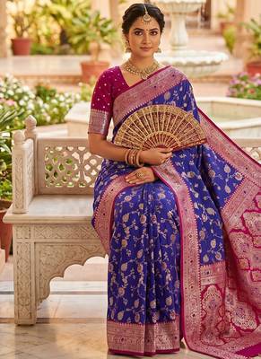 designer blue zari weaving meenakari tassel pallu work silk blend saree 4