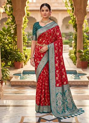 designer red zari weaving meenakari tassel pallu work silk blend saree 1