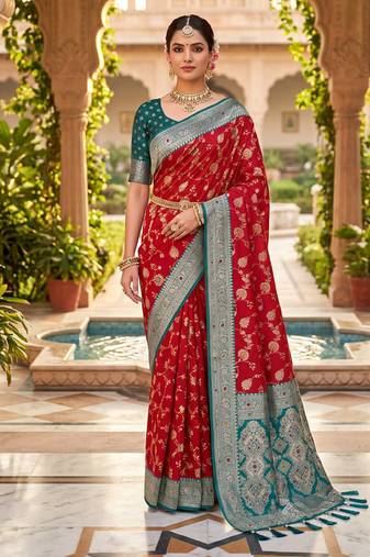 designer red zari weaving meenakari tassel pallu work silk blend saree