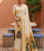 indian cream zari motif design meenakari work banarasi silk blend saree