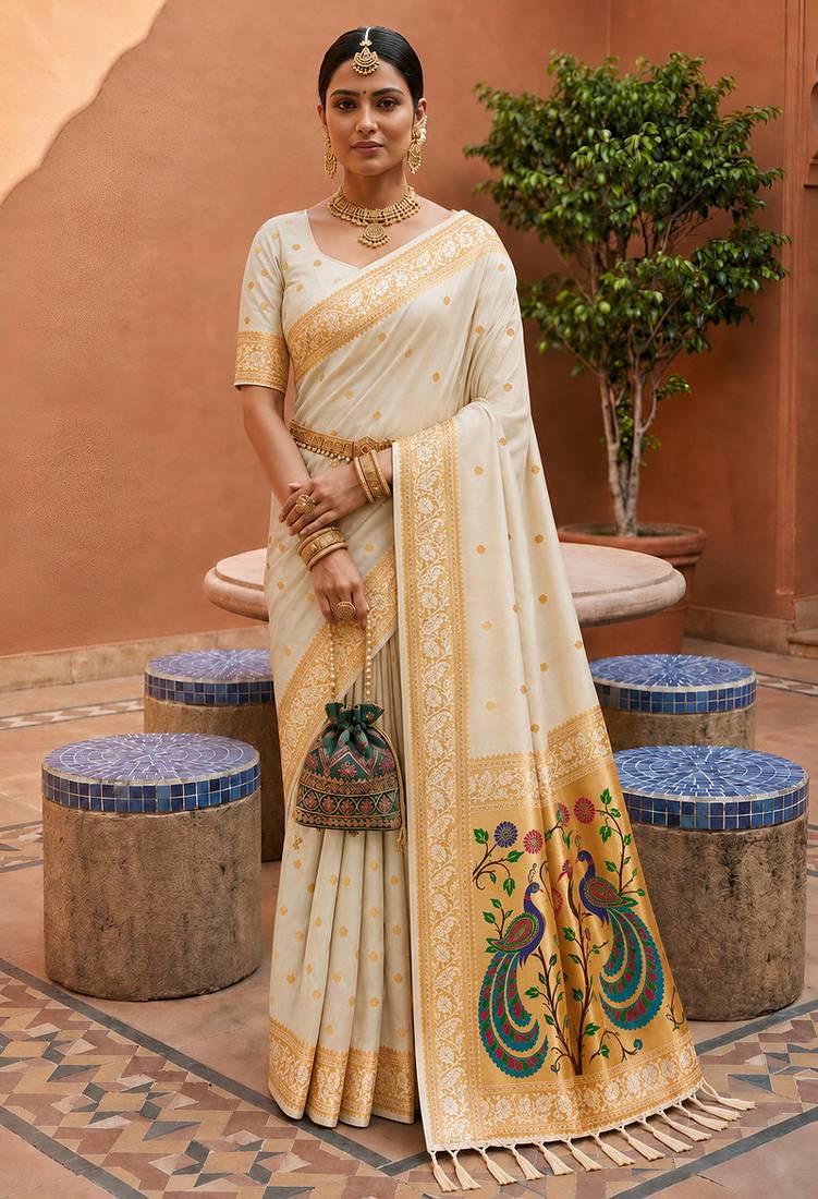 indian cream zari motif design meenakari work banarasi silk blend saree