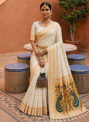 indian cream zari motif design meenakari work banarasi silk blend saree 2