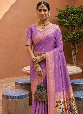 indian lavender zari motif design meenakari work banarasi silk blend saree 1