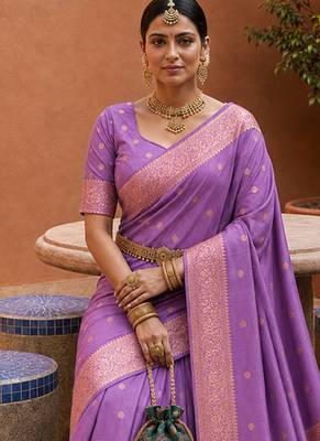 indian lavender zari motif design meenakari work banarasi silk blend saree 2