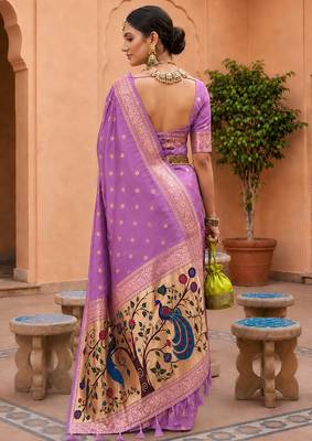 indian lavender zari motif design meenakari work banarasi silk blend saree 4