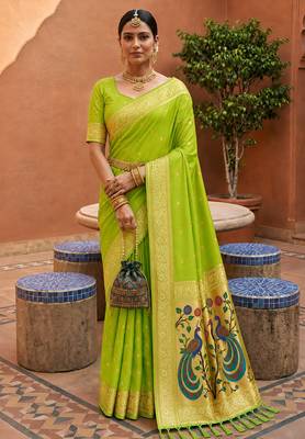 indian green zari motif design meenakari work banarasi silk blend saree 1
