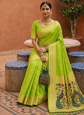 indian green zari motif design meenakari work banarasi silk blend saree 2