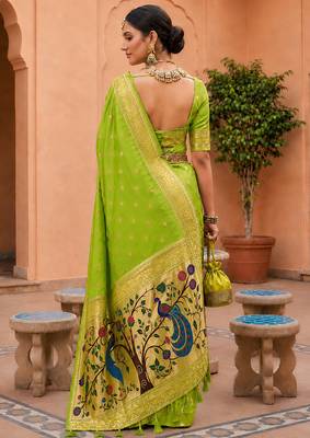 indian green zari motif design meenakari work banarasi silk blend saree 3