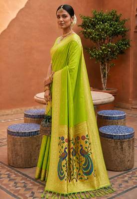 indian green zari motif design meenakari work banarasi silk blend saree 4