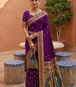 indian purple zari motif design meenakari work banarasi silk blend saree