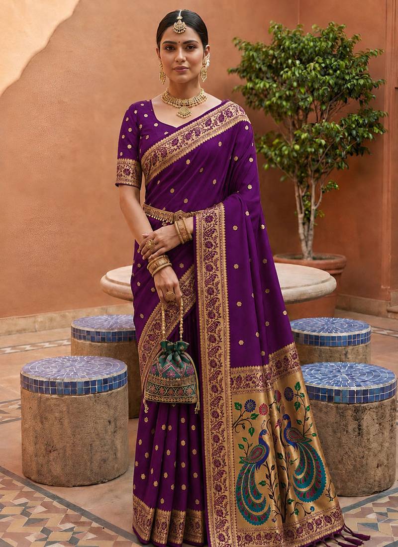 indian purple zari motif design meenakari work banarasi silk blend saree