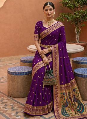 indian purple zari motif design meenakari work banarasi silk blend saree 2