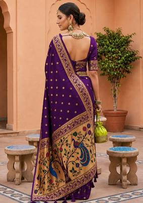 indian purple zari motif design meenakari work banarasi silk blend saree 3