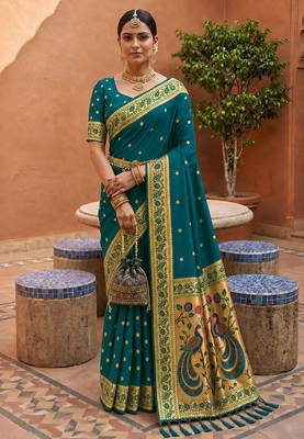 indian teal blue zari motif design meenakari work banarasi silk blend saree 1