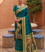 indian teal blue zari motif design meenakari work banarasi silk blend saree