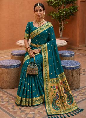 indian teal blue zari motif design meenakari work banarasi silk blend saree 2