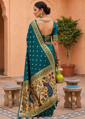 indian teal blue zari motif design meenakari work banarasi silk blend saree 3