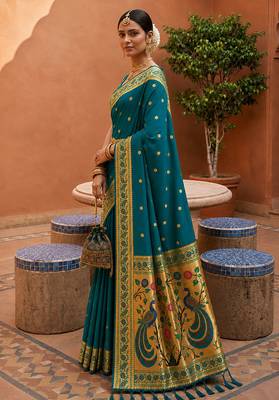indian teal blue zari motif design meenakari work banarasi silk blend saree 4