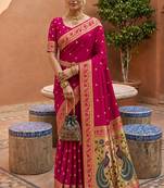 indian magenta zari motif design meenakari work banarasi silk blend saree