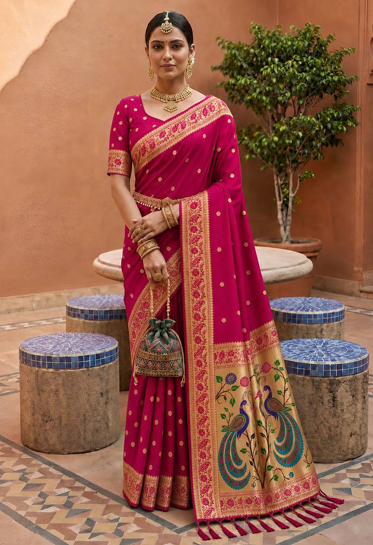 indian magenta zari motif design meenakari work banarasi silk blend saree