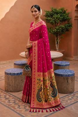 indian magenta zari motif design meenakari work banarasi silk blend saree 3