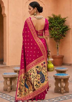 indian magenta zari motif design meenakari work banarasi silk blend saree 4