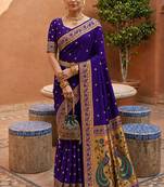 indian blue zari motif design meenakari work banarasi silk blend saree