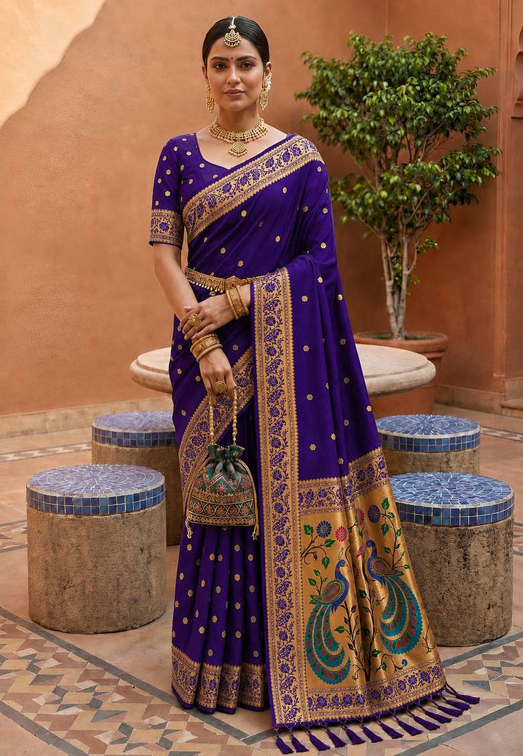 indian blue zari motif design meenakari work banarasi silk blend saree