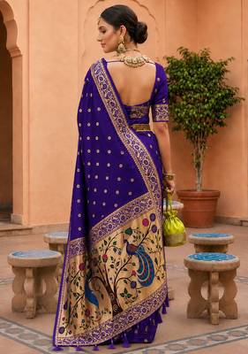 indian blue zari motif design meenakari work banarasi silk blend saree 2