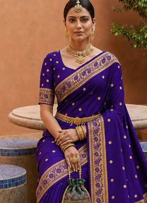 indian blue zari motif design meenakari work banarasi silk blend saree 3