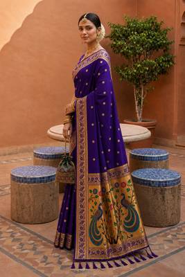 indian blue zari motif design meenakari work banarasi silk blend saree 4