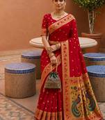 indian red zari motif design meenakari work banarasi silk blend saree