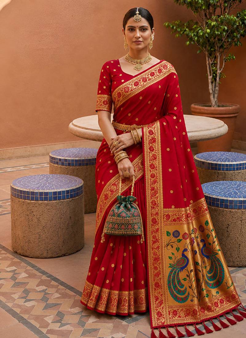 indian red zari motif design meenakari work banarasi silk blend saree