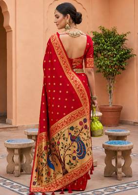 indian red zari motif design meenakari work banarasi silk blend saree 2