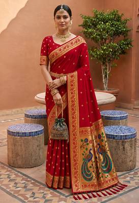 indian red zari motif design meenakari work banarasi silk blend saree 4