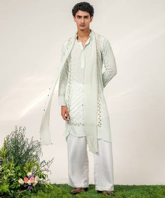 Cruise blue and ivory embroidered crepe and nysha silk kurta set with dupatta 1
